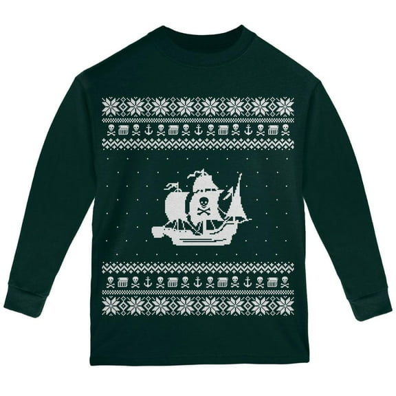 Pirate Ship Ugly XMAS Sweater Forest Youth Long Sleeve T-Shirt - Youth Large