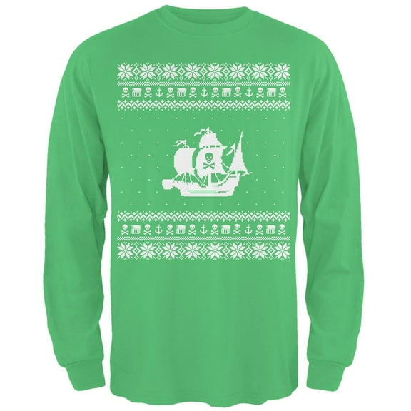 Pirate Ship Ugly XMAS Sweater Irish Green Adult Long Sleeve T-Shirt - Large