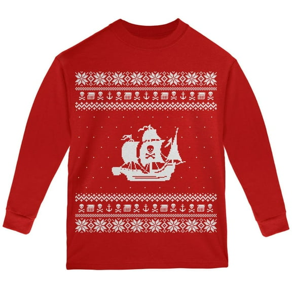 Pirate Ship Ugly XMAS Sweater Red Youth Long Sleeve T-Shirt - Youth Large