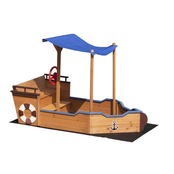 Pirate Ship Wooden Kids Sandbox with Sun Canopy, Storage Bench, Rudder & Lifebuoy Decor, Outdoor Sand Play Pit for Ages 3-8