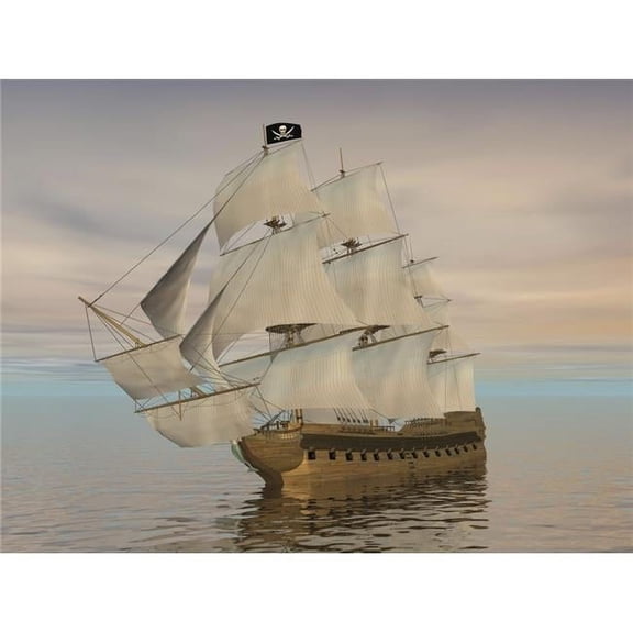 Pirate Ship with Black Jolly Roger Flag Sailing The Ocean Poster Print, 16 x 12