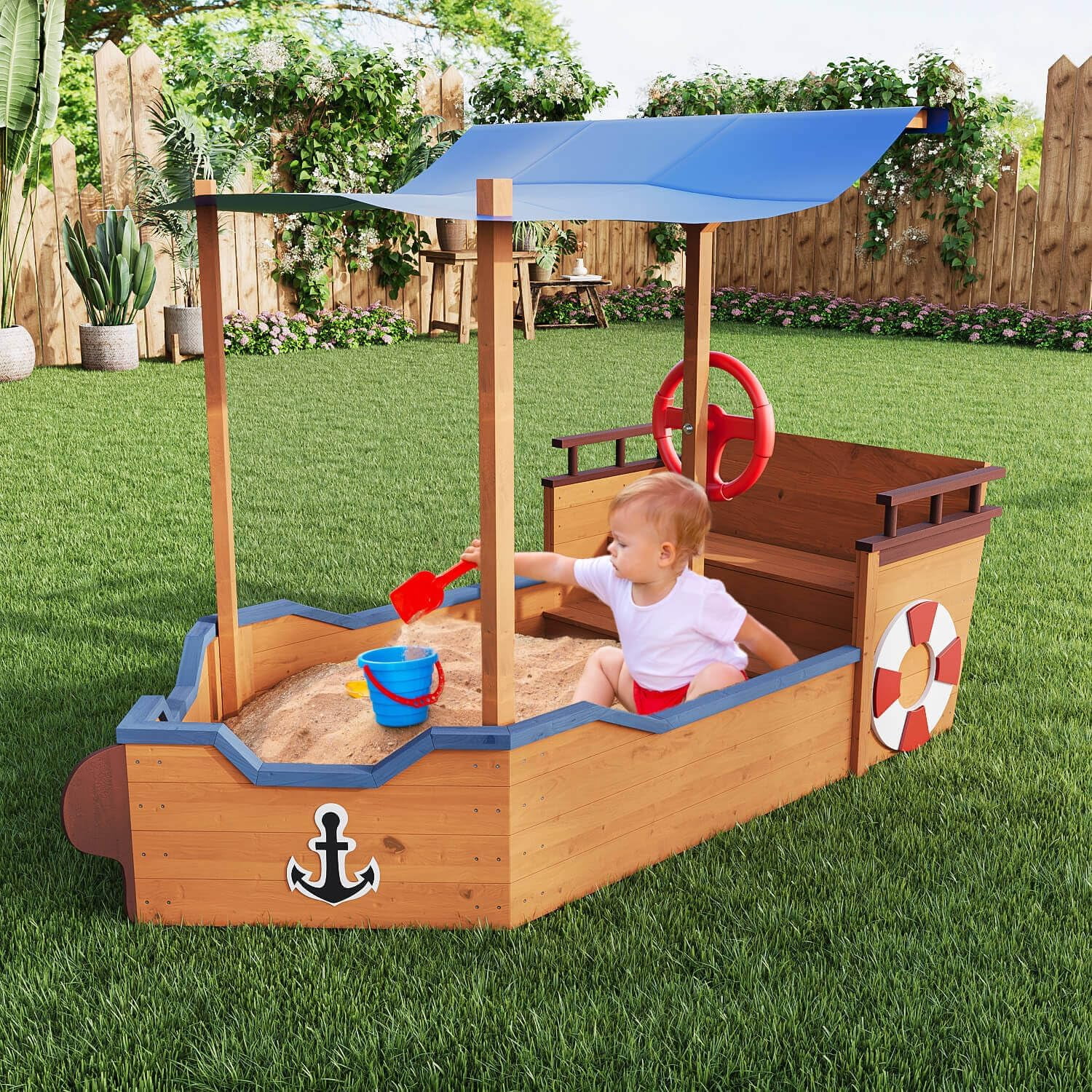 Pirate Ship with Canopy for Kids, Outdoor Playset with Storage and