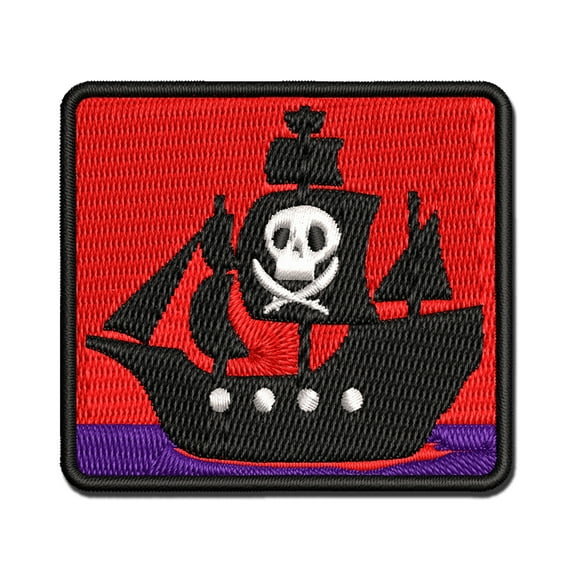 Pirate Ship with Jolly Roger Skull Applique Multi-Color Embroidered Hook & Loop Patch - 3.5 Inch Large