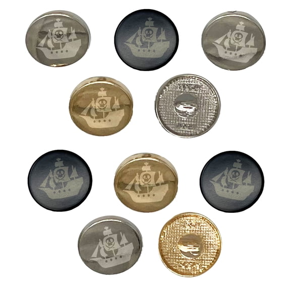 Pirate Ship with Jolly Roger Skull Set of 10 Metal 0.6" (15mm) Sewing Shank Round Buttons - Gold Color