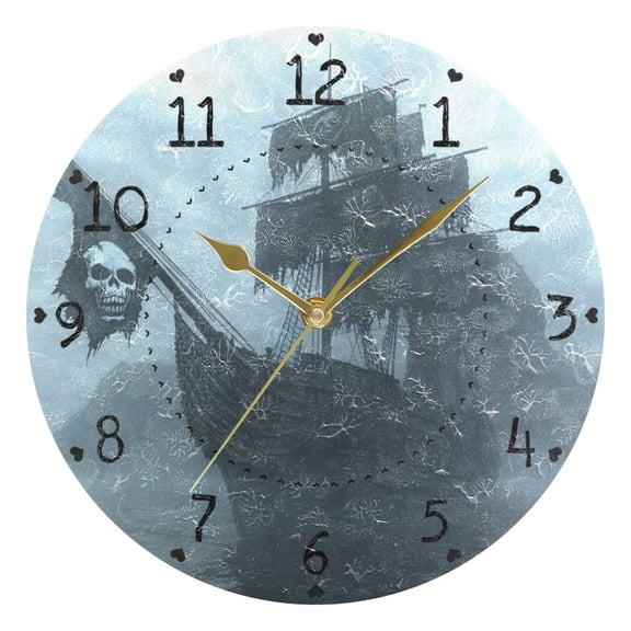 Pirate Ship with Skull Round Wall Clock Silent Battery Operated Home Decor for Living Room Bedroom