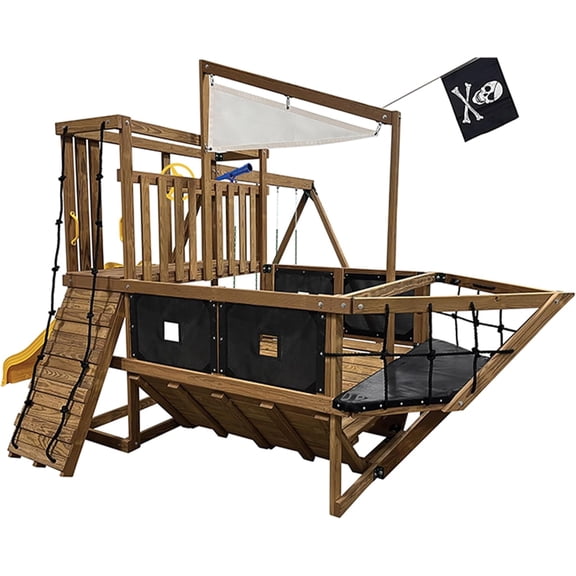 PlayStar Pirate Ship Wood Swing Set Belt Style Southern Yellow Pine for Child 8 ft H x 16 ft L x 15 ft W