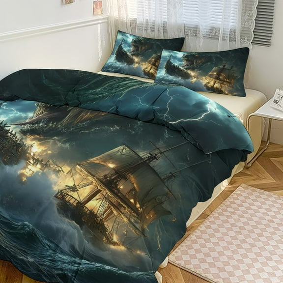 Pirate Ships And Sea Monsters Duvet Cover King&Queen Size Soft 3 Pieces Set 1 Duvet Cover and 2 Pillow Shams with Zipper Closure 86"x70"