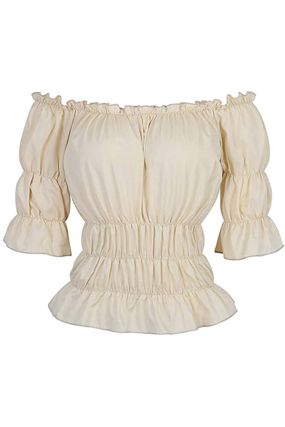 Pirate Shirt Women Boho Blouse Off Shoulder Ruffle Shirts Beige S