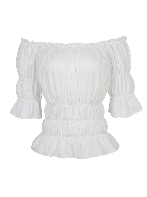 Pirate Shirt Women Boho Blouse Off Shoulder Ruffle Shirts White S