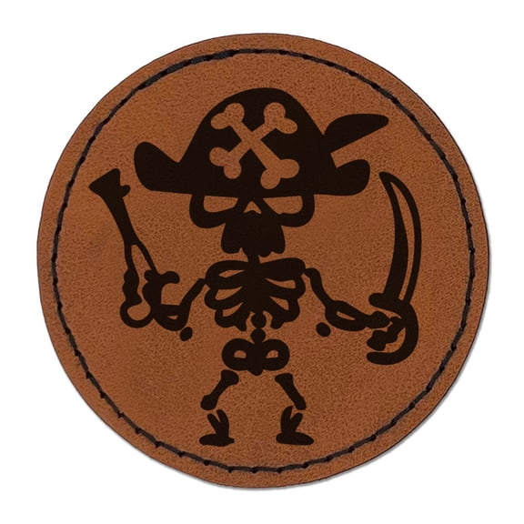 Pirate Skeleton with Gun and Sword Cutlass Bones Round Iron-On Engraved Faux Leather Patch Applique - 2.5 Inch - Brown
