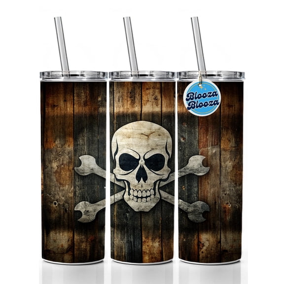 Pirate Skull And Crossbones Jolly Roger Rustic Planks 20oz Insulated Water Bottle Skinny Tumbler Includes Straw