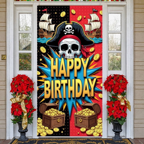 Pirate Skull Banner Gold Treasure Pirate Party Display Vibrant Color Birthday Backdrop for Kids Birthday Party Indoor Party Decoration Pirate Themed Gatherings