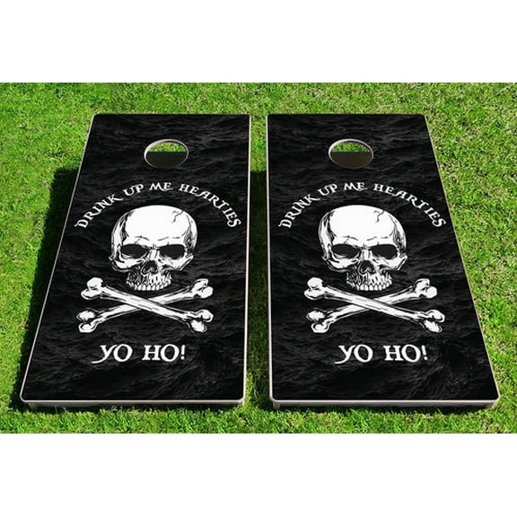 Pirate Skull & Bones Drink Up Yo Ho Pro Style Cornhole Bean Bag Toss Game Set Regulation 24x48 with Bags By BAGGO