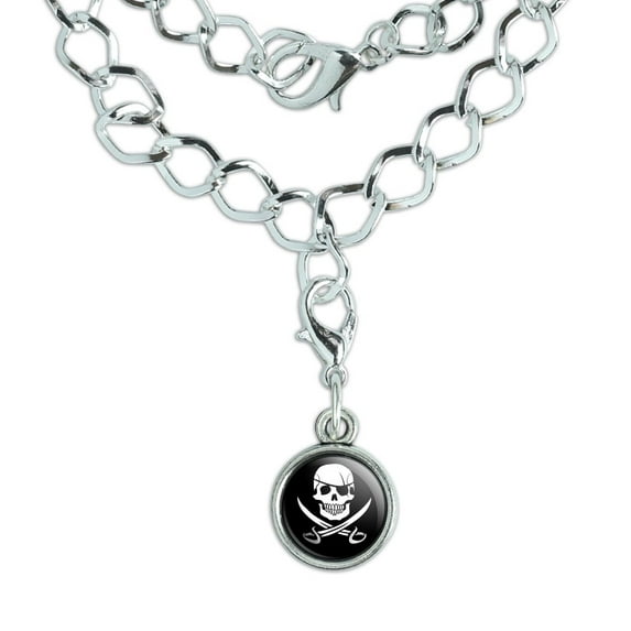 Pirate Skull Crossed Swords Jolly Roger Silver Plated Bracelet with Antiqued Charm