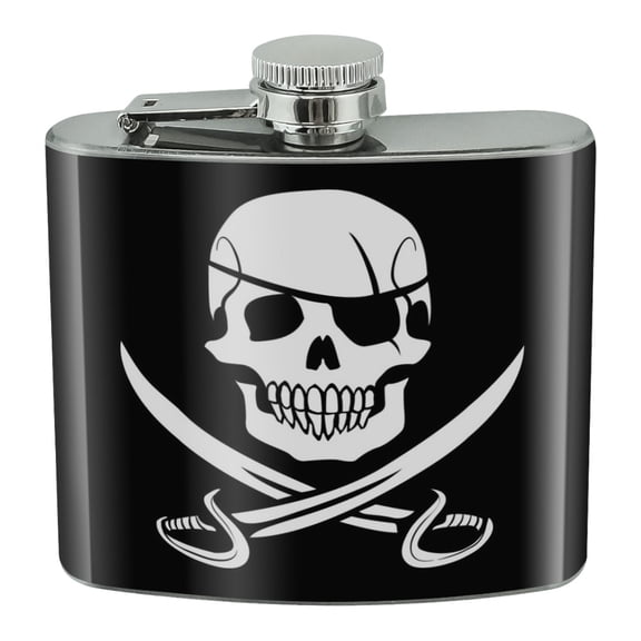 Pirate Skull Crossed Swords Jolly Roger Stainless Steel 5oz Hip Drink Kidney Flask