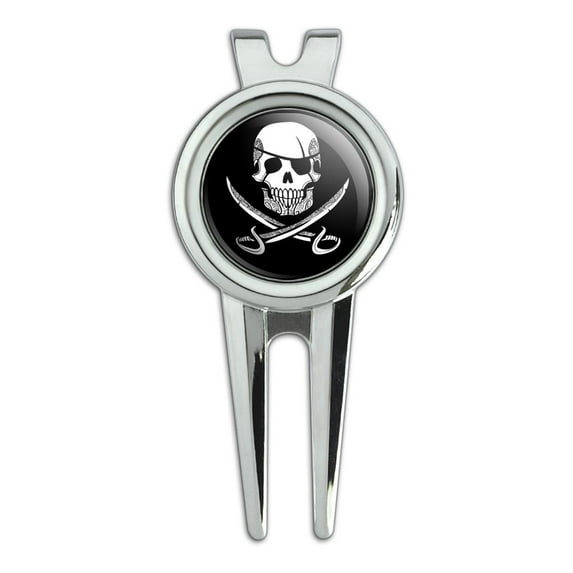 Pirate Skull Crossed Swords Tattoo Design Golf Divot Repair Tool and Ball Marker