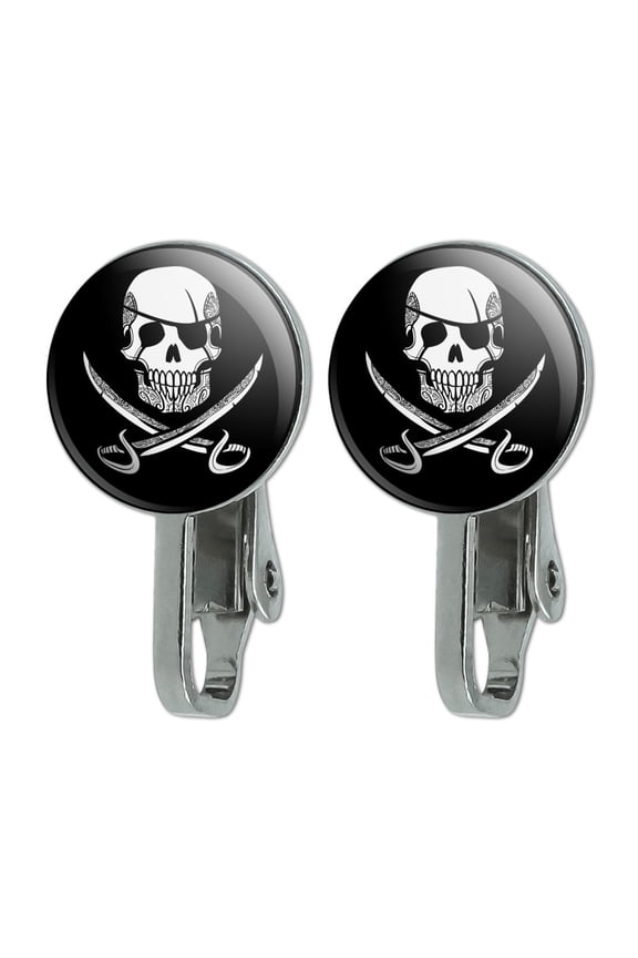 Pirate Skull Crossed Swords Tattoo Design Novelty Clip-On Stud Earrings
