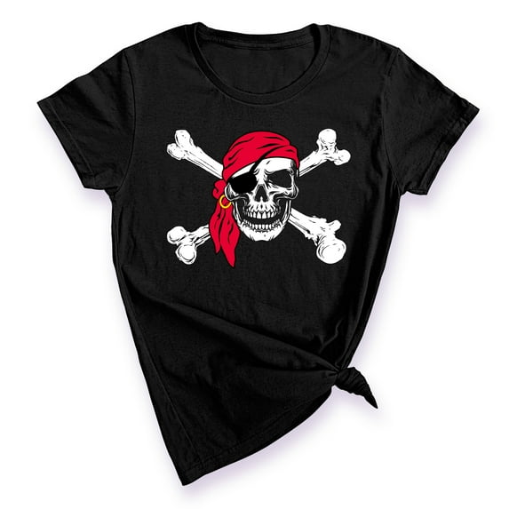 Pirate Skull Eye Patch Crossbones Women's T-shirt | Cruise Trip Theme Park Pool Halloween Costume Accessory | XL, Black