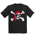 thumbnail image 1 of Pirate Skull Eye Patch Crossbones Youth T-shirt | Cruise Trip Theme Park Pool Halloween Costume Accessory | XS, Black, 1 of 5