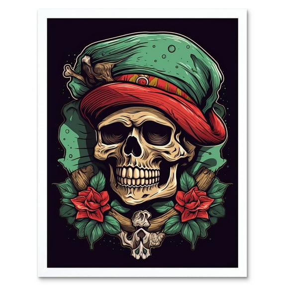 Pirate Skull Hat and Roses Dark Rockabilly Americana 50s Art Print Framed Poster Wall Decor 12x16 inch
