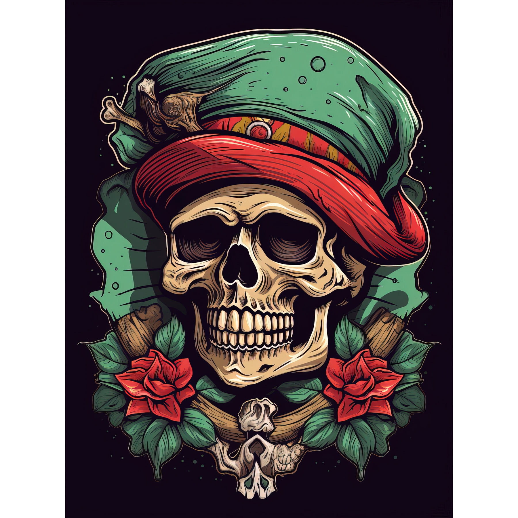 Pirate Skull Hat and Roses Rockabilly Americana 50s Unframed Wall Art Print Poster Home Decor