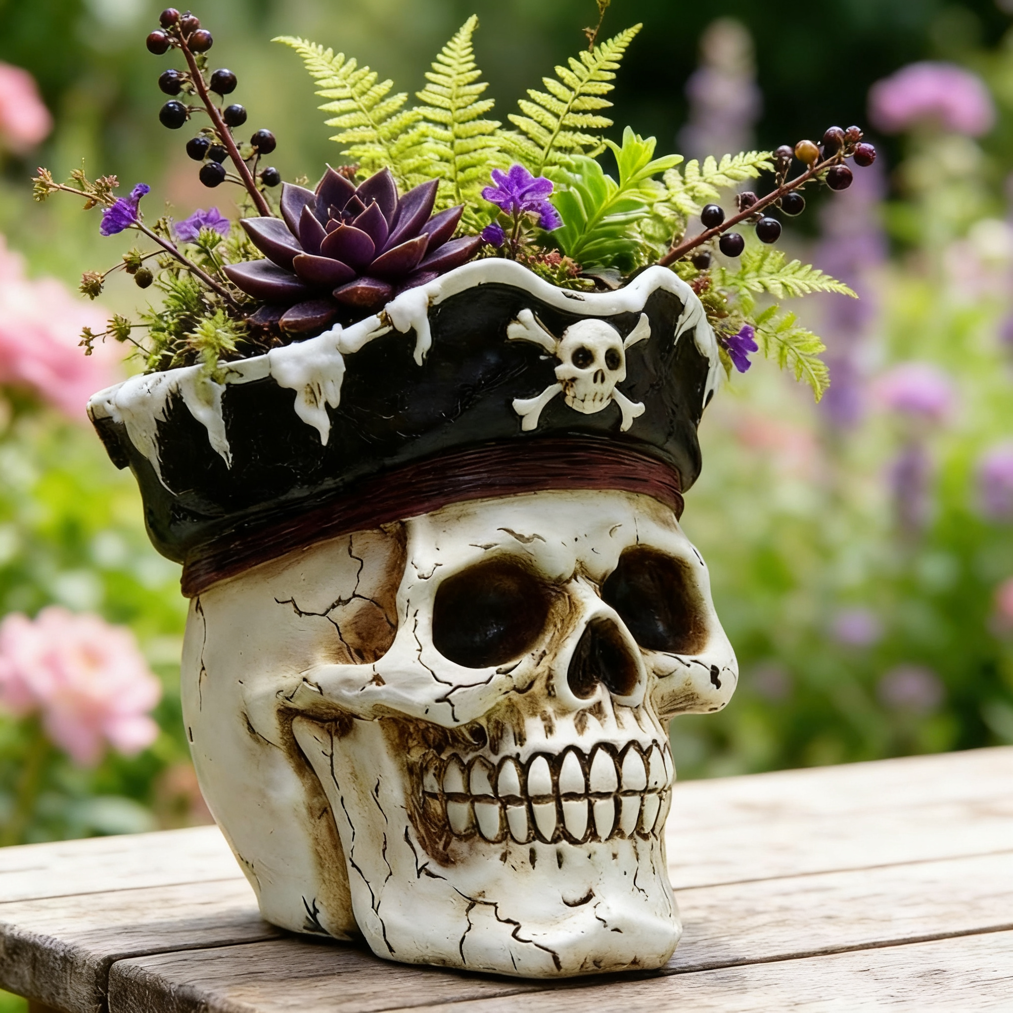Pirate Skull Planter Flowerpot with Drainage Hole for Gothic Home Decor