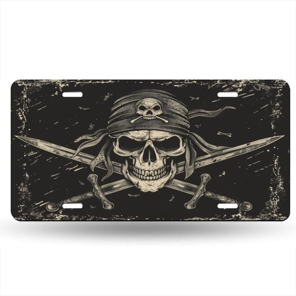 Pirate Skull With Swords Vintage Illustration On Grunge Background Decorative Signboard, Decorative Metal Plate with 4 Holes, 6x12inch Artistic Plate Frame