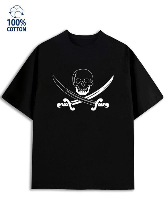 Pirate Skull Tee for men 180G 100% Cotton black Classic Unisex Shirt Printed tshirts Basic Unisex Shirt Short Sleeve tshirts Trendy Unisex Shirt Crewneck tshirts Classic Unisex Shirt Cotton tshirts