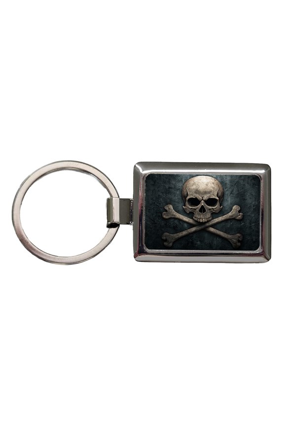 Pirate Skull and Crossbones Dark Rustic Metal Rectangle Keychain