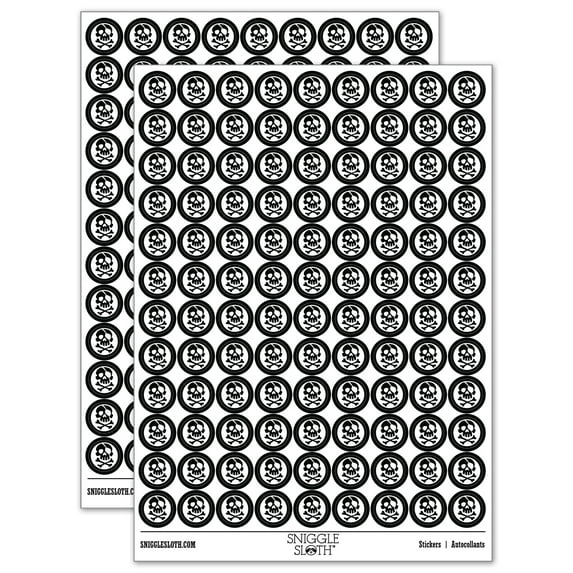 Pirate Skull and Crossbones Jolly Roger 200+ Round Stickers - Black - Gloss Finish - 0.50" Size
