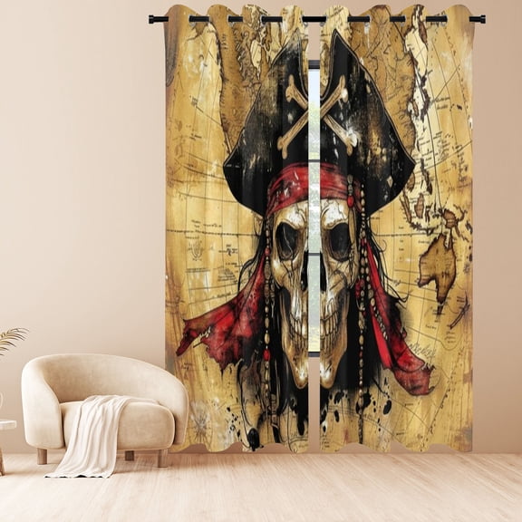 Pirate Skull with Vintage World Map Window Curtains, Nautical Blackout Drapes 2 Panels for Bedroom Living Room