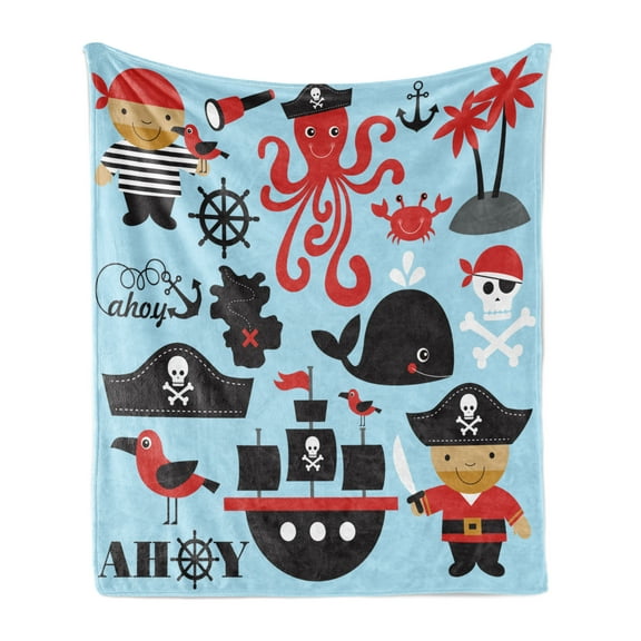 Pirate Soft Flannel Fleece Throw Blanket, Design Skull Octopus and Boy in Conceptual Dress, Cozy Plush for Indoor and Outdoor Use, 60" x 80", Blue Dark Pink, by Ambesonne