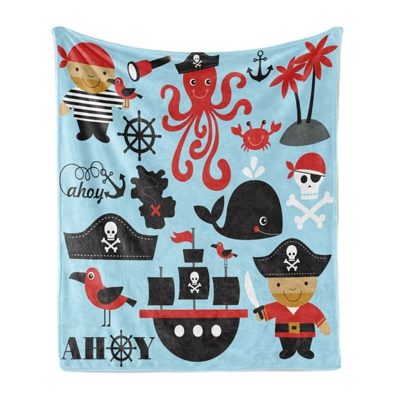 Pirate Soft Flannel Fleece Throw Blanket, Design Skull Octopus and Boy in Conceptual Dress, Cozy Plush for Indoor and Outdoor Use, 70" x 90", Blue Dark Pink, by Ambesonne