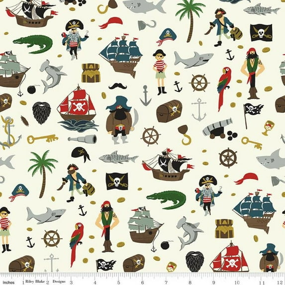 Pirate Tales Treasure fabric, Riley Blake Scatter Cream cotton, Sold by the Quarter Yard