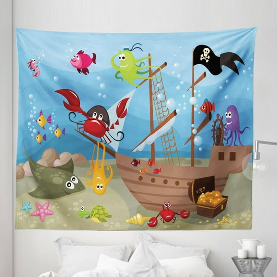 Pirate Tapestry, Cartoon Ship Under the Sea Discovered by Sea Animals Treasure Chest Marine Adventure, Fabric Wall Hanging Decor for Bedroom Living Room Dorm, 5 Sizes, Multicolor, by Ambesonne