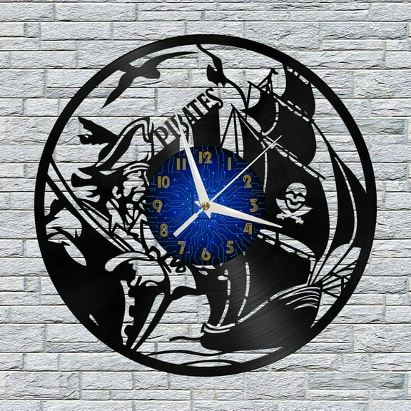 Pirate Theme 12 Inch Vinyl Record Wall Clock - Silent, Creative, and Unique Clock for Living Room, Entryway, or Bedroom Decor - Perfect Gift Idea(12 inchs B without LED)