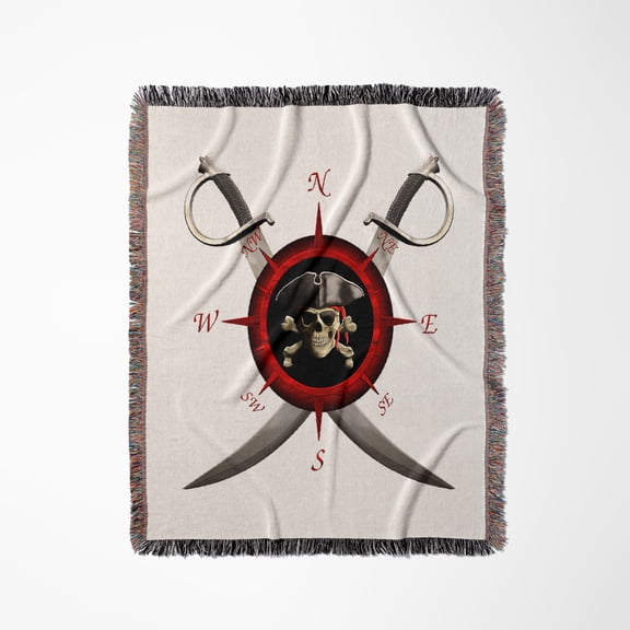 Pirate Themed Compass Rose With Pirate Skull And Swords., Woven Blanket