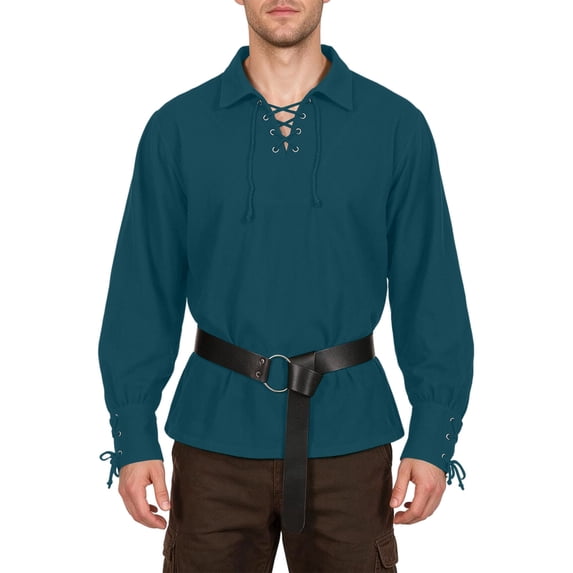 Pirate Top Long, Sleeve Historical, Costume Viking, Medieval Lace Up, Medieval Lace Up Shirt With Belt Renaissance Pirate Top Long Sleeve Historical Costume for Costume Party, Blue M