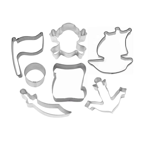 Pirate Treasure 7 Piece Cookie Cutter Set - Gold Coin, Skull & Crossbones, Flag, Sword, Scroll, Pirate Ship, Anchor Cookie Cutters - The Cookie Cutter Shop - Tin Plate Steel