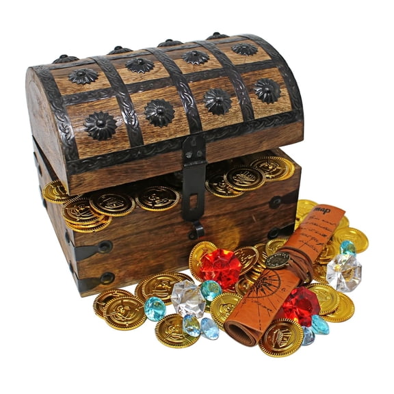 Nautical Cove Pirate Treasure Chest with Gold Coins/Gems and Pirate Map