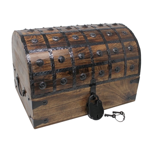 Nautical Cove Pirate Treasure Chest with Iron Lock and Skeleton Key, Wooden Storage Chest, Pirate Decor, Decorative Wooden Box, Keepsake Box, X-Large