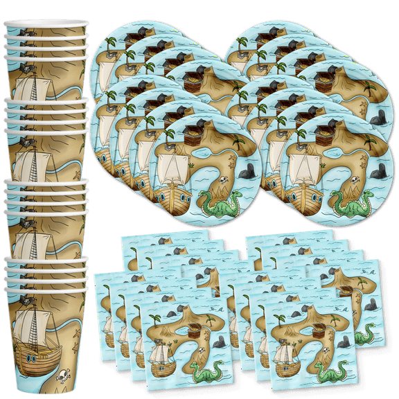 Pirate Treasure Map Birthday Party Supplies - Pirate Birthday Party for Boy - Treasure Hunt Party Supplies - Pirate Party Supplies Tableware Set Includes Plates, Napkins and Cups | Kit for 16