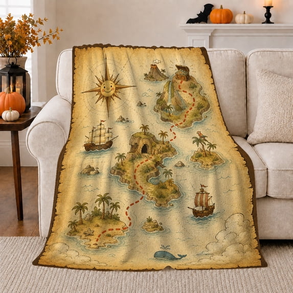 Pirate Treasure Map Parchment Ships, Playful Coastal Landscape Scene, Warm Flannel Blanket for Beach House and Living Room, Beach Lovers Valentine's Day Gift, Coastal Home Decor