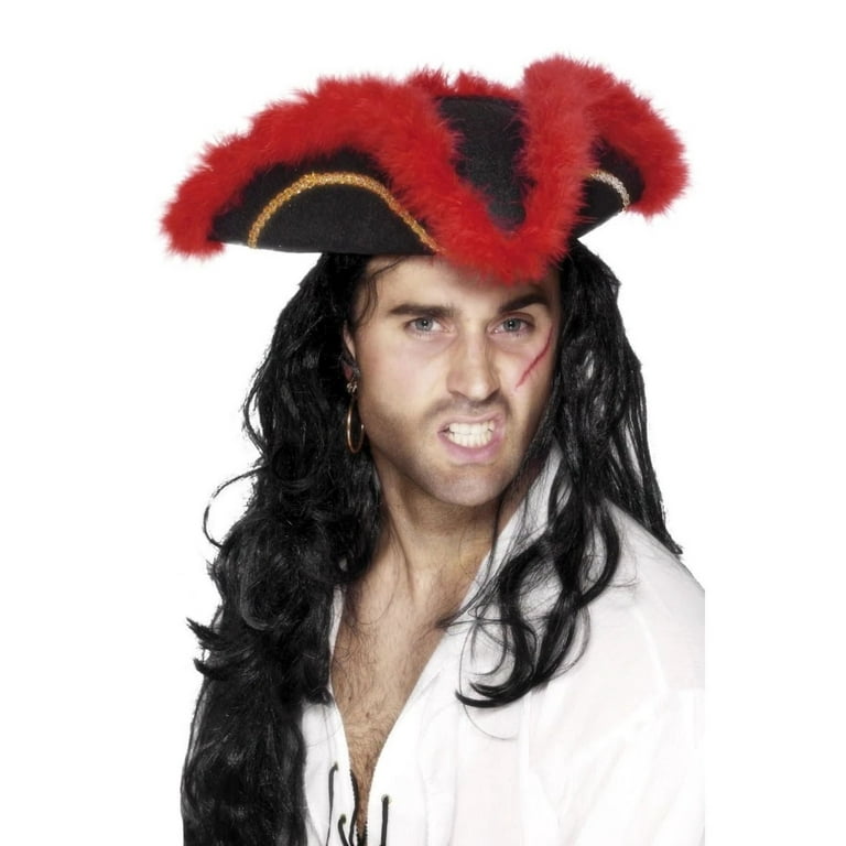 Pirate Tricorn Hat Red Feather Adult Black Pirate Tricorn Hat Red Feather Adult Black