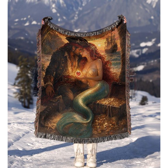 Pirate and Mermaid at Sunset Teal and Gold Woven Blanket, 100% Cotton, Nautical Fantasy Style