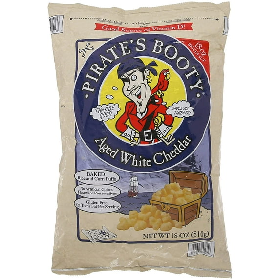 Pirate’s Booty Aged White Cheddar 18 Oz (510g) Resealable Baked Rice & Corn Puffs Gluten Free (JUMBO SIZE)