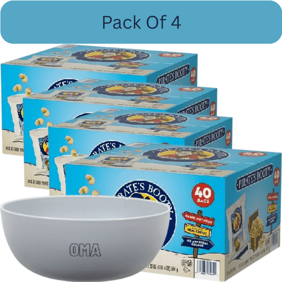 Pirates Booty Aged White Cheddar Baked Snack Puffs, Family Pack, 40 Bags With White Bowl By OMA