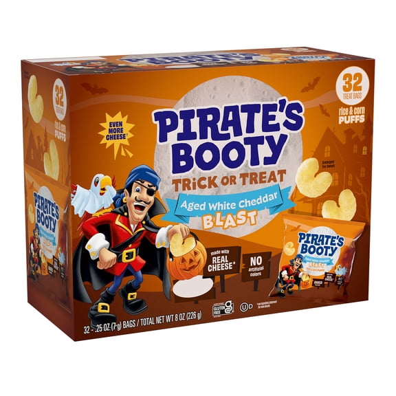 Pirate's Booty Aged White Cheddar Blast Cheese Puffs, Halloween Snack Bags, .25 oz (32 Count)