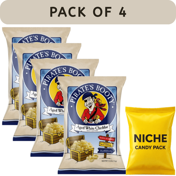 Pirates Booty Aged White Cheddar Puffs 4oz (4Pack) Light & Crispy Cheese Snacks + Complimentary Candy Pack