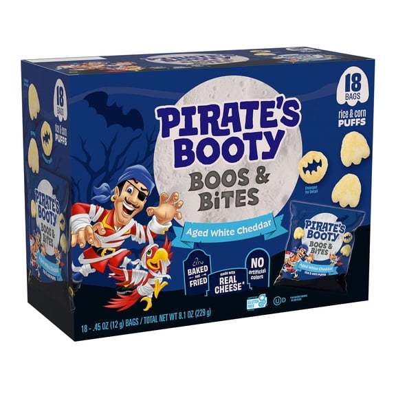 Pirate's Booty Boos & Bites Aged White Cheddar Cheese Puffs, Halloween Snack Bags, .45 oz (18 Count)